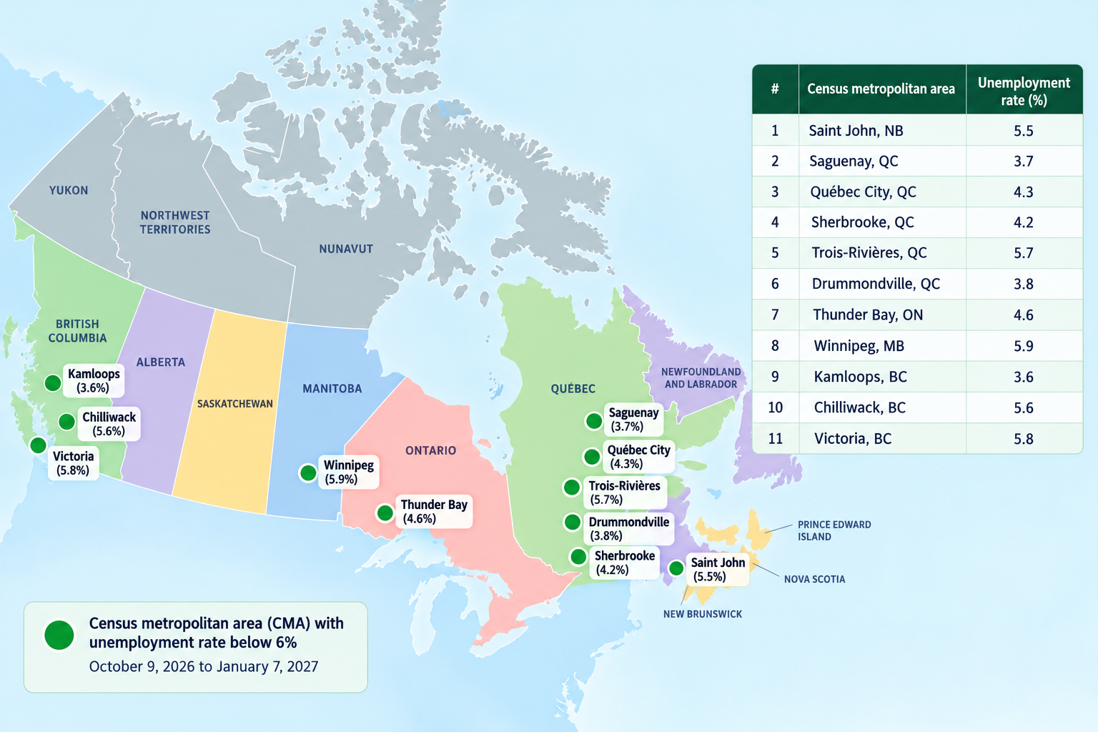 Map of Canada with the cities where LMIAs are being assessed from October 9, 2026 to January 7, 2027